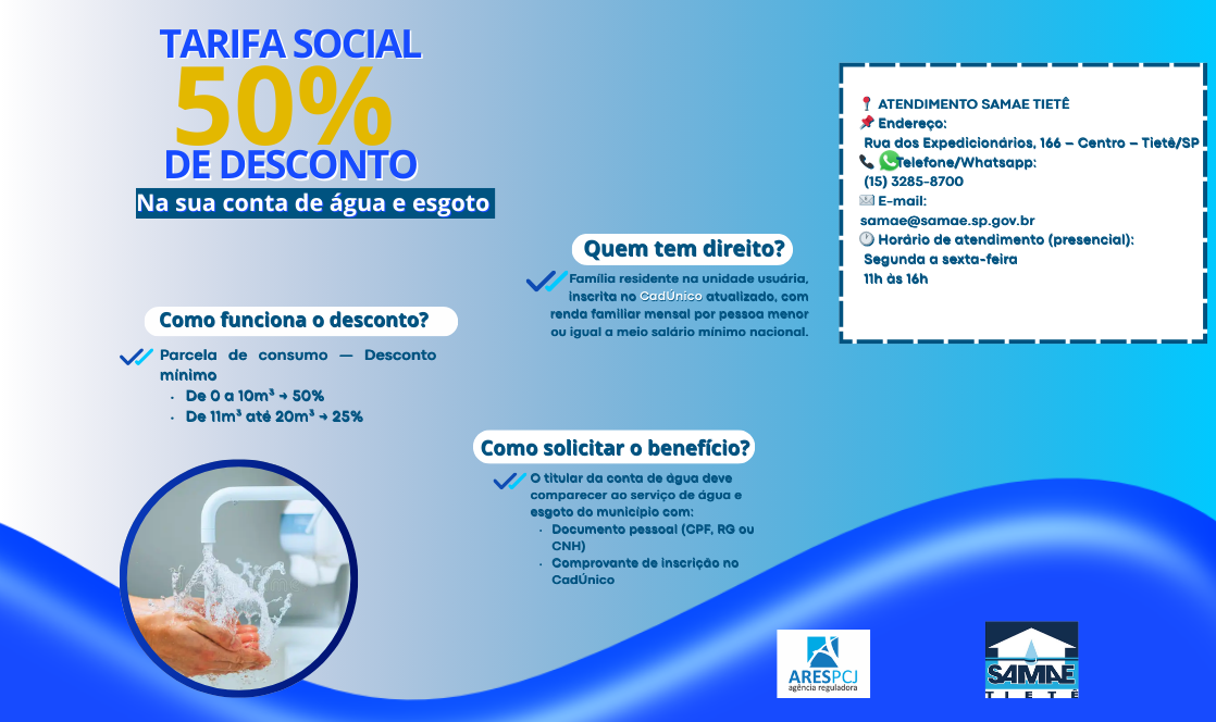 Tarifa Social garante até 50% de desconto na conta de água